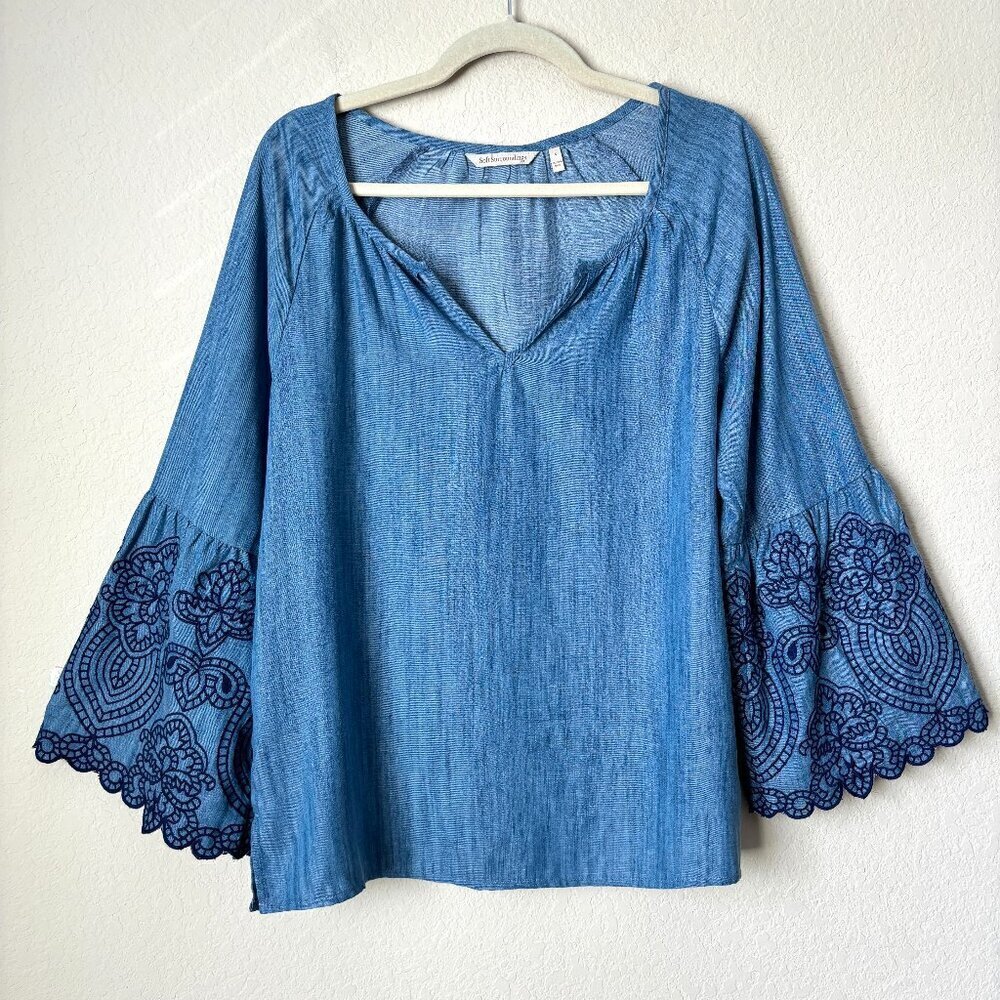 Soft Surroundings Chambray Embroidered Flare Bell Sleeve V-Neck Blouse Top